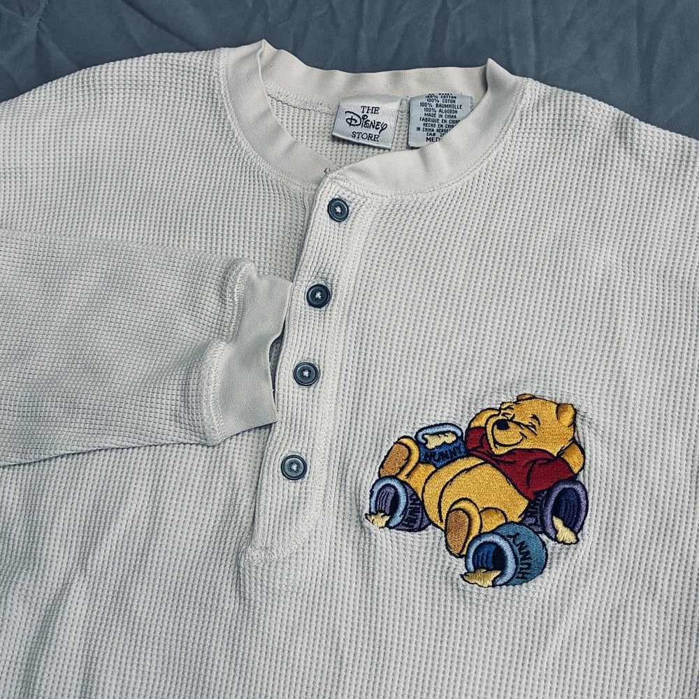 VTG Disney Store Winnie The Pooh Waffle Knit Henley Shirt Medium 90s Thermal